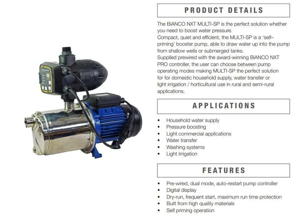 Bianco MULTI-SP 3-50 0.55kW Self-Priming Multistage Pressure Pump (Max 98LPM/420kPa)