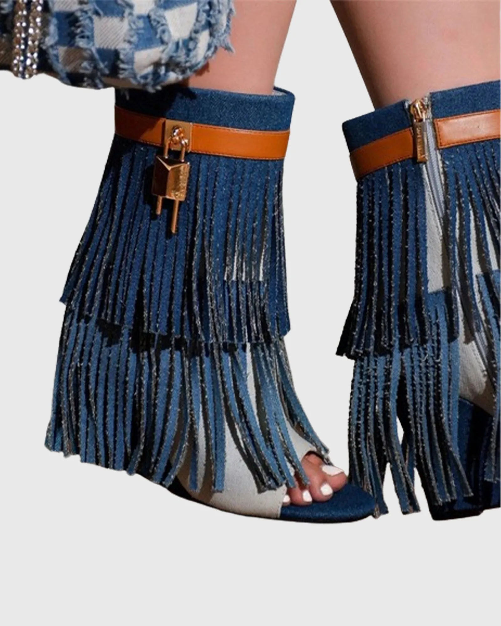 Fella Fringe Open Toe Cowboy Ankle Boots In Blue