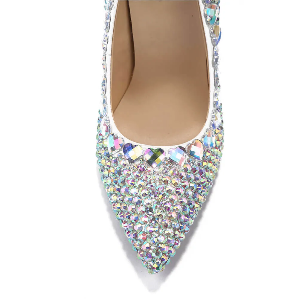 Leather Point Toe Rhinestone Stiletto Heel Pumps