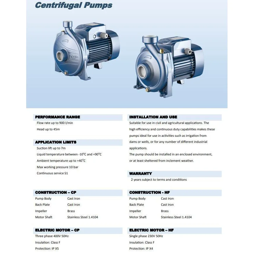 Pedrollo CPM158 0.75kW (1HP) Single Phase Closed Coupled Centrifugal Pumps (Max 90LPM/340kPa)