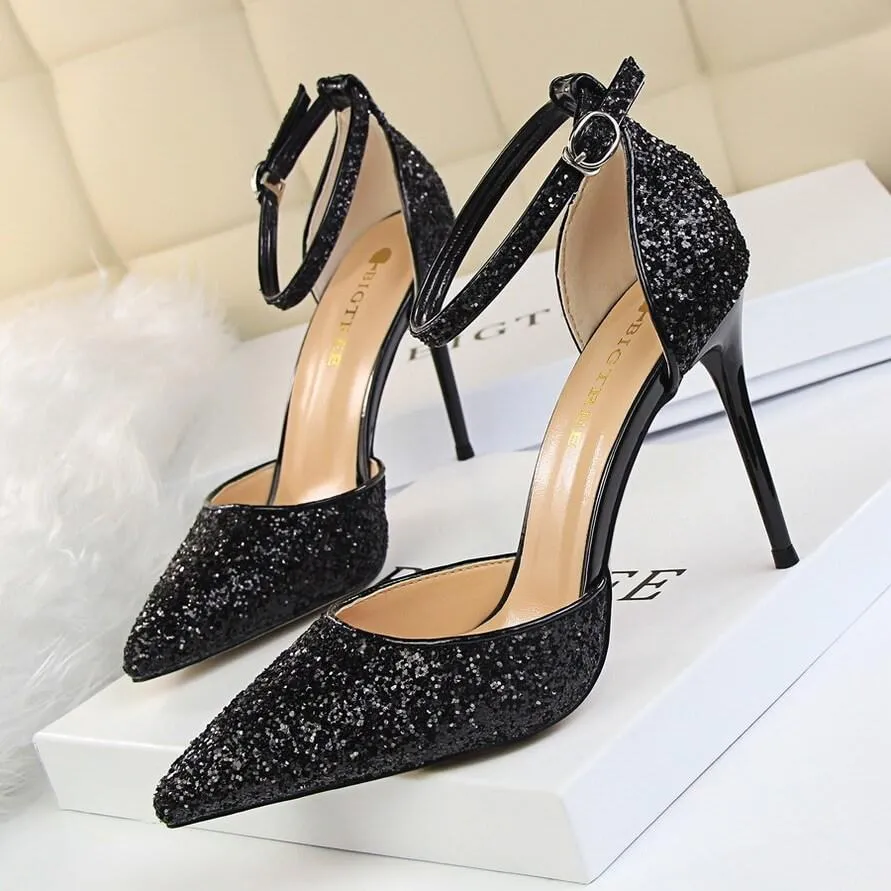 Point Toe Leather  Stiletto Heel Buckle Pumps
