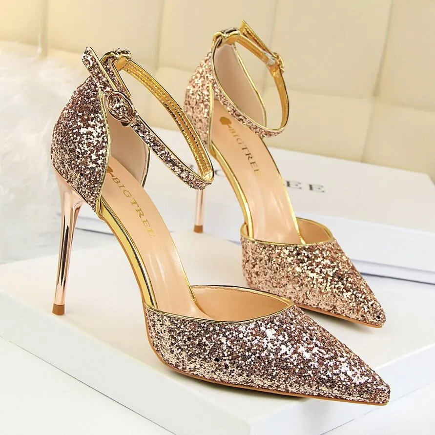 Point Toe Leather  Stiletto Heel Buckle Pumps