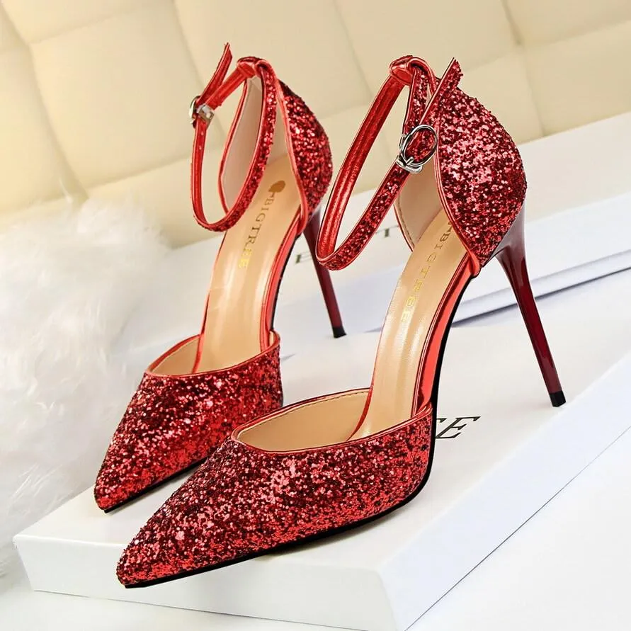 Point Toe Leather  Stiletto Heel Buckle Pumps