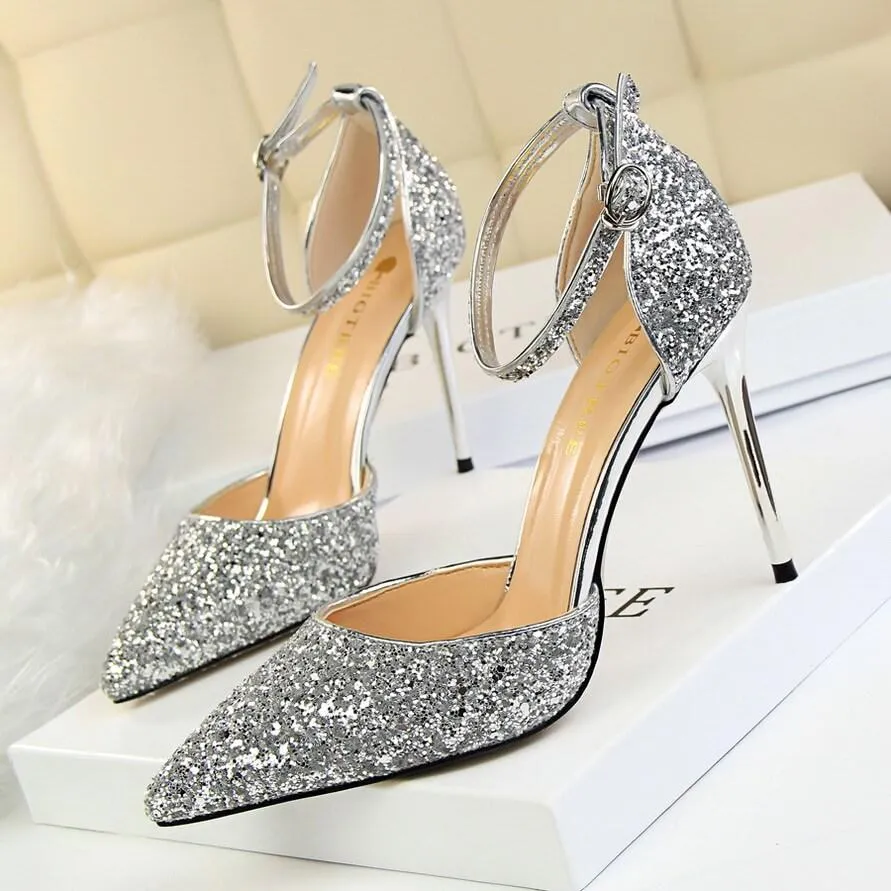 Point Toe Leather  Stiletto Heel Buckle Pumps