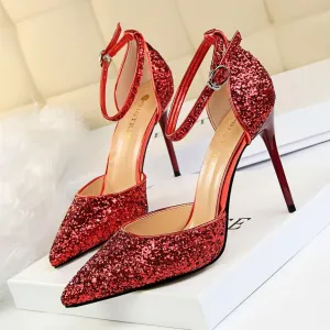 Point Toe Leather  Stiletto Heel Buckle Pumps
