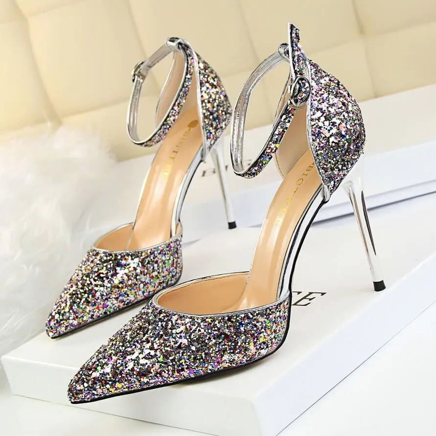 Point Toe Leather  Stiletto Heel Buckle Pumps