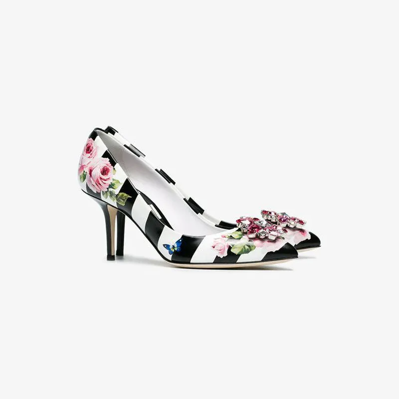 PU Flower Stripes Print Rhinestone Pointed Toe Pumps