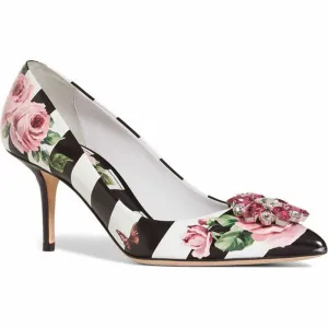 PU Flower Stripes Print Rhinestone Pointed Toe Pumps