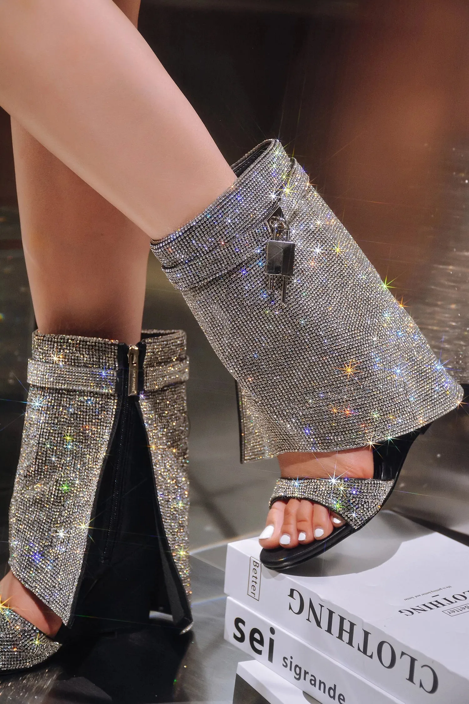 Rhinestone Padlock Detail Wedge Boot Dewy