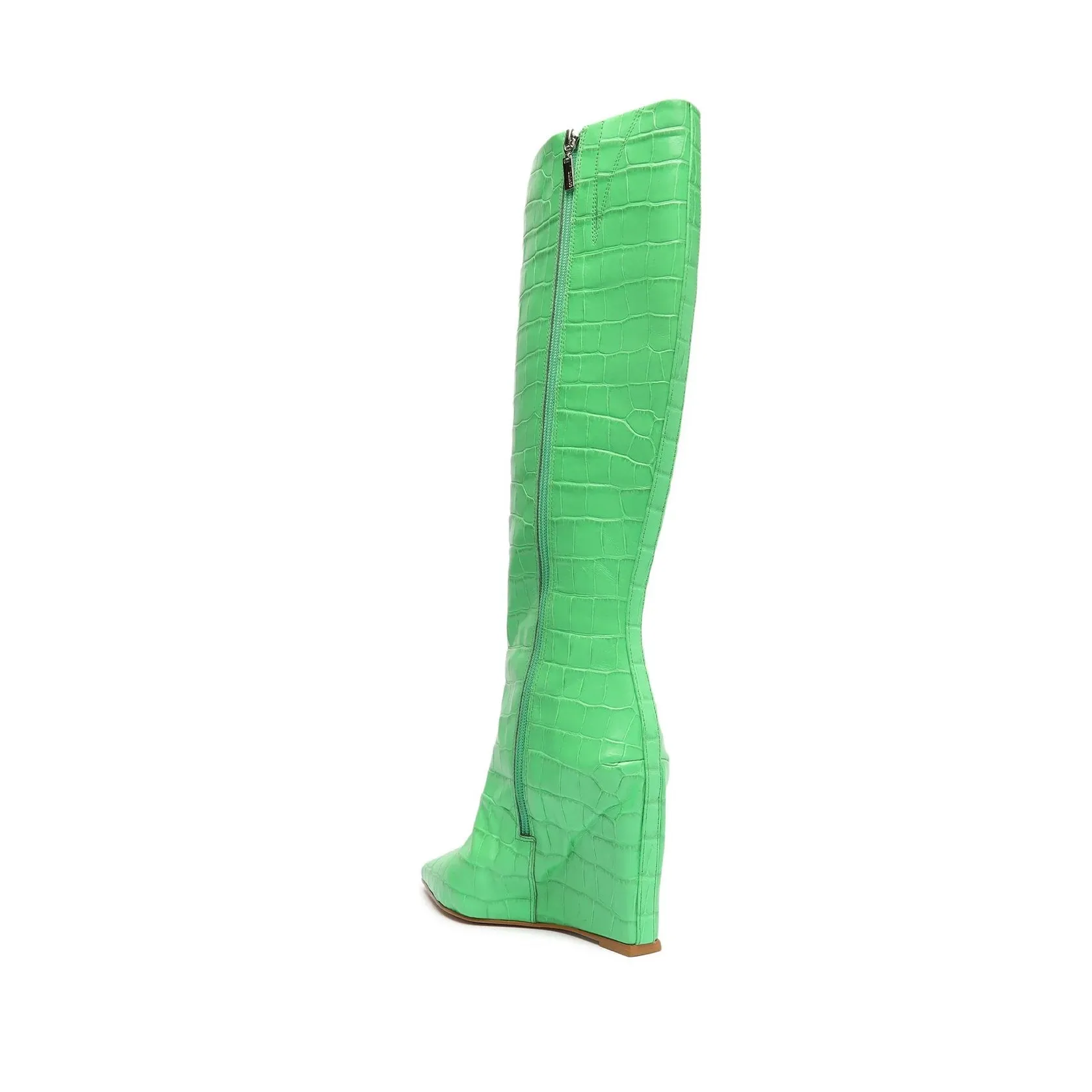 Schutz Up Gianni Green Croc-Embossed Side Zip Pointed Toe Heel Tall Boots
