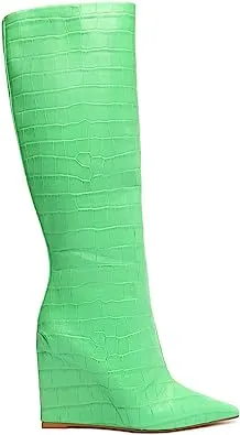 Schutz Up Gianni Green Croc-Embossed Side Zip Pointed Toe Heel Tall Boots
