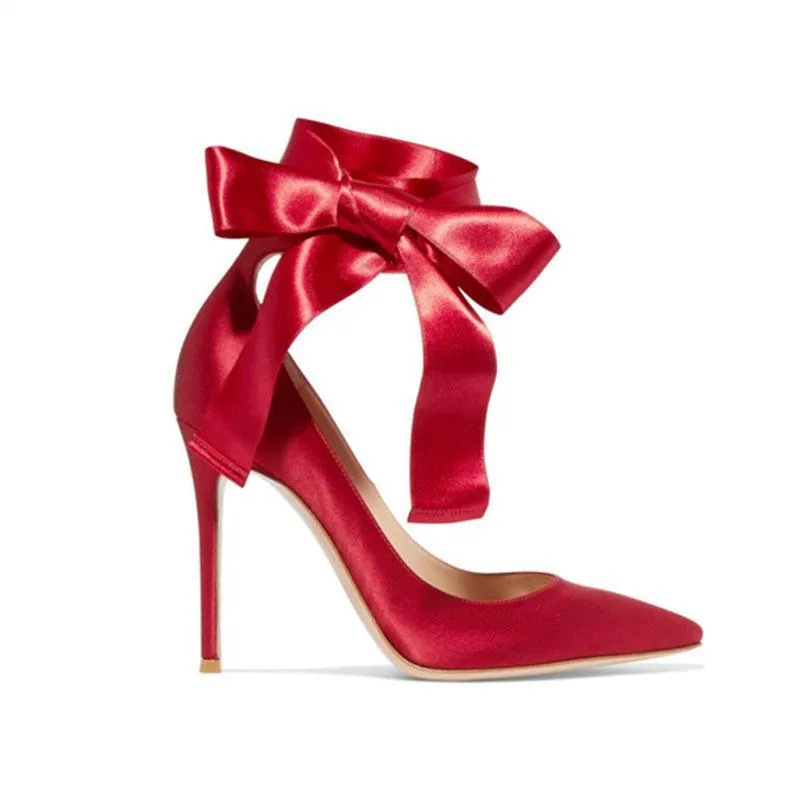 Sexy Red Strap Bow Pointed Toe Pumps