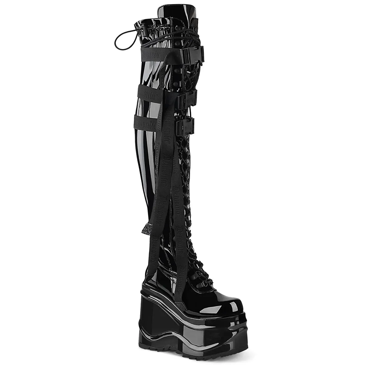 WAVE-315 DemoniaCult Black Stretch Patent Sexy Women's Over-the-Knee Boots (Alternative Footwear)