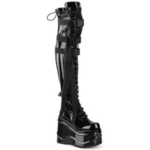 WAVE-315 DemoniaCult Black Stretch Patent Sexy Women's Over-the-Knee Boots (Alternative Footwear)