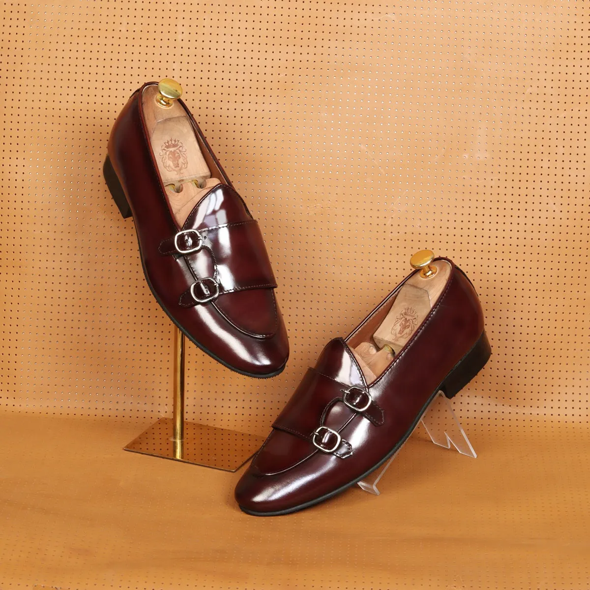 Wine Monk Strap Slip-On In Brush Off Leather By Brune & Bareskin