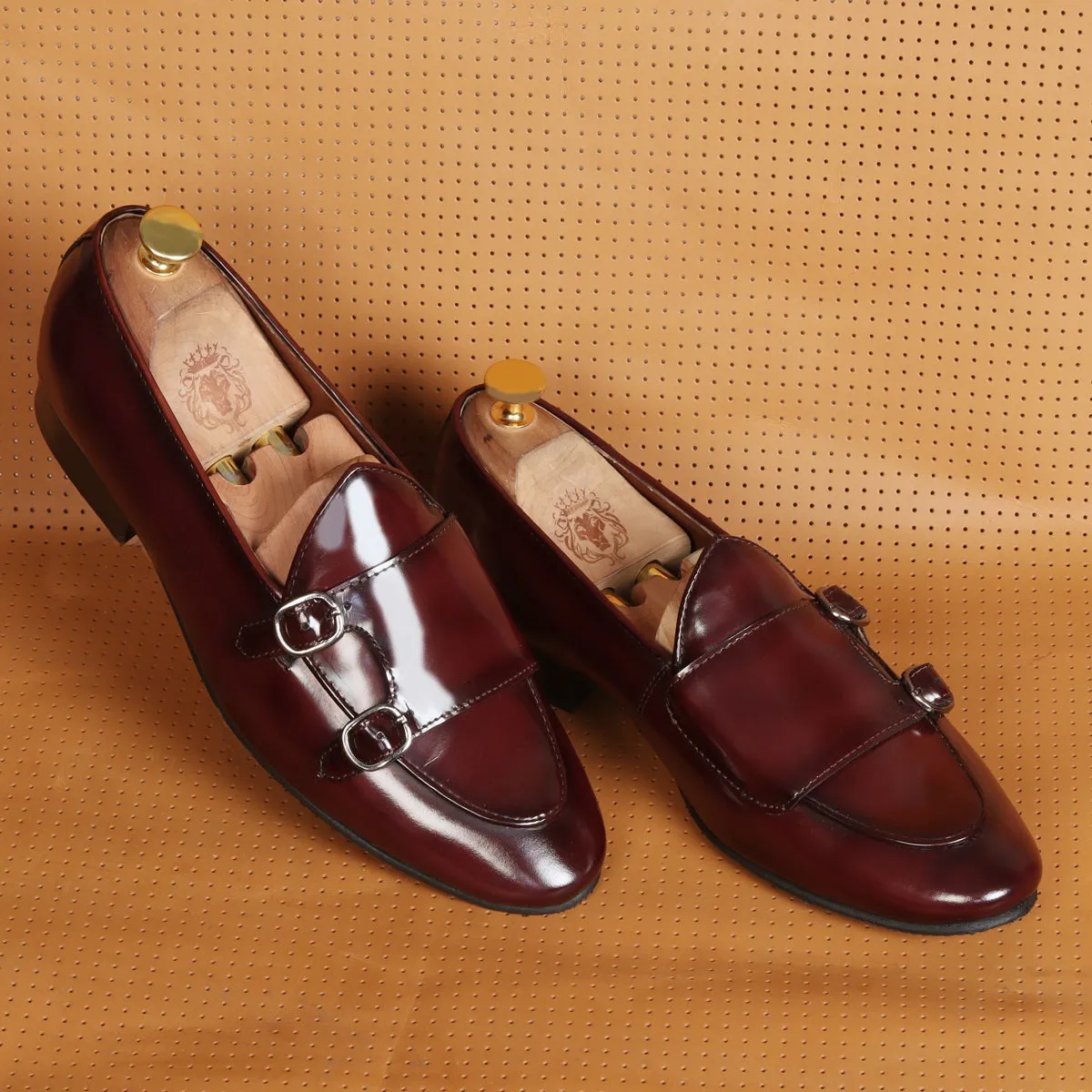 Wine Monk Strap Slip-On In Brush Off Leather By Brune & Bareskin