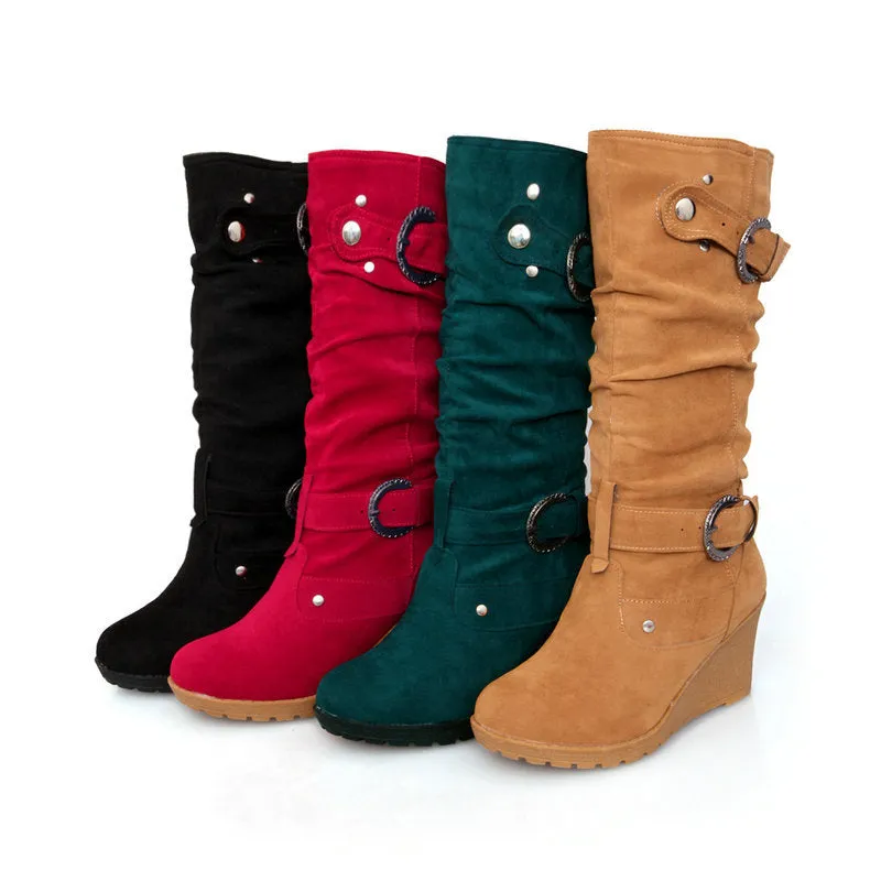Women's buckle strap wedge heel mid calf boots