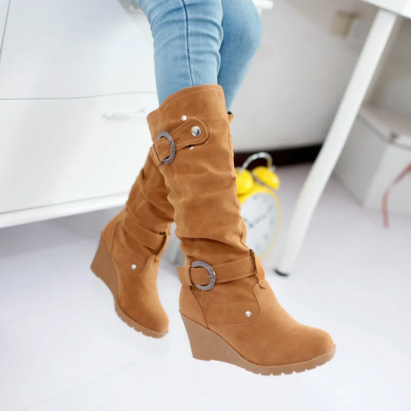 Women's buckle strap wedge heel mid calf boots