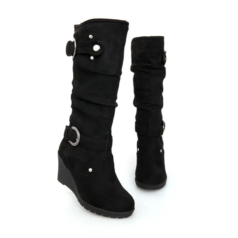Women's buckle strap wedge heel mid calf boots