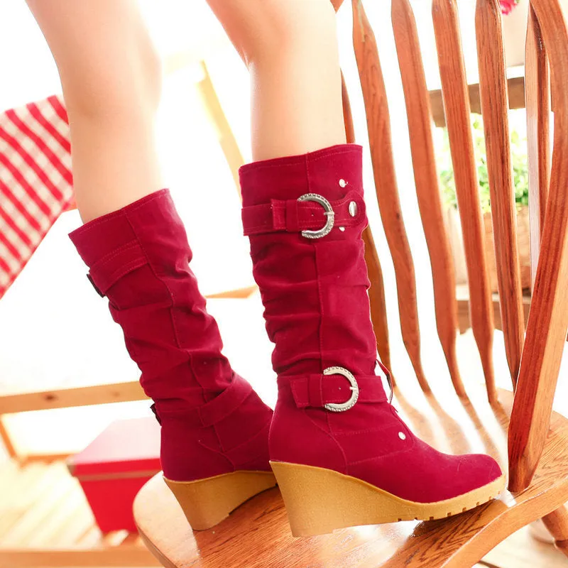 Women's buckle strap wedge heel mid calf boots
