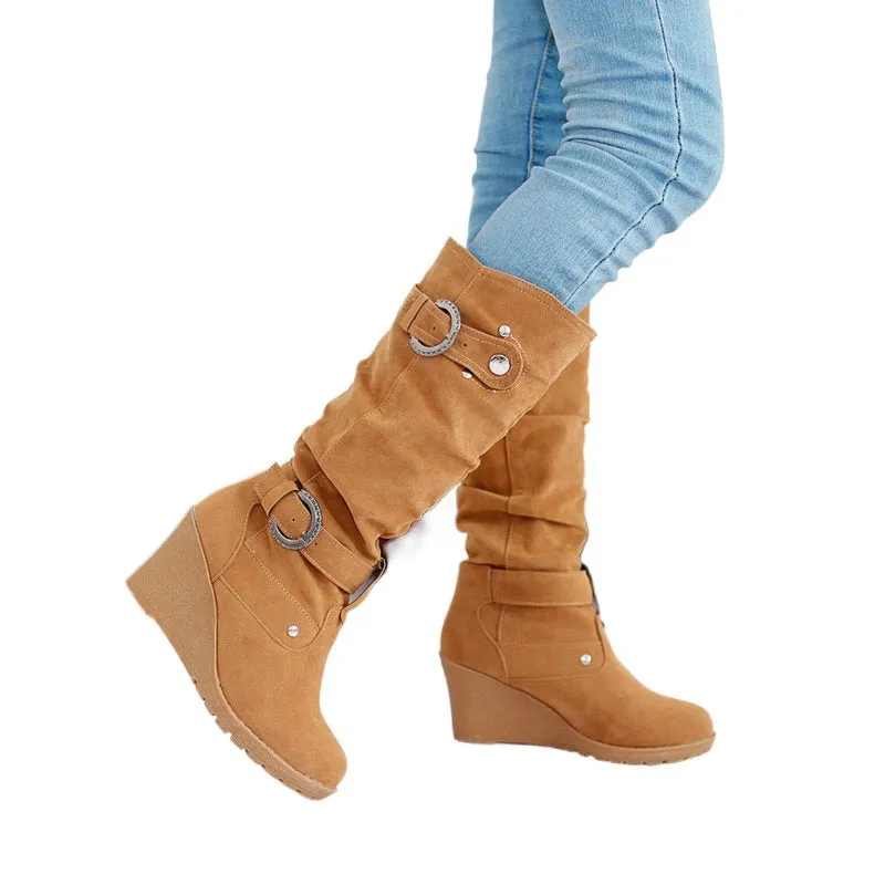 Women's buckle strap wedge heel mid calf boots