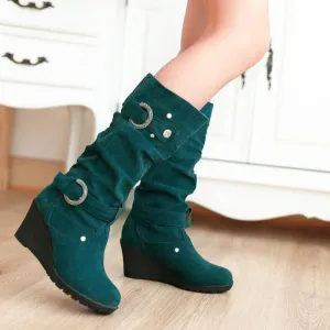 Women's buckle strap wedge heel mid calf boots