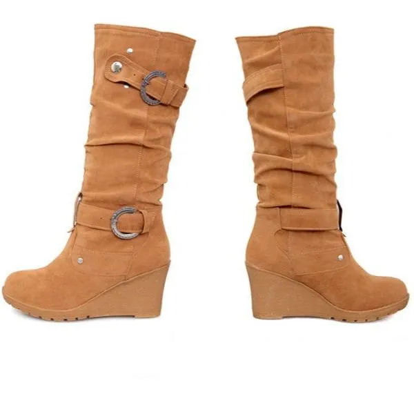 Women's buckle strap wedge heel mid calf boots