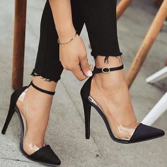 Women's clear patchwork ankle strap buckle stiletto high heels sandals