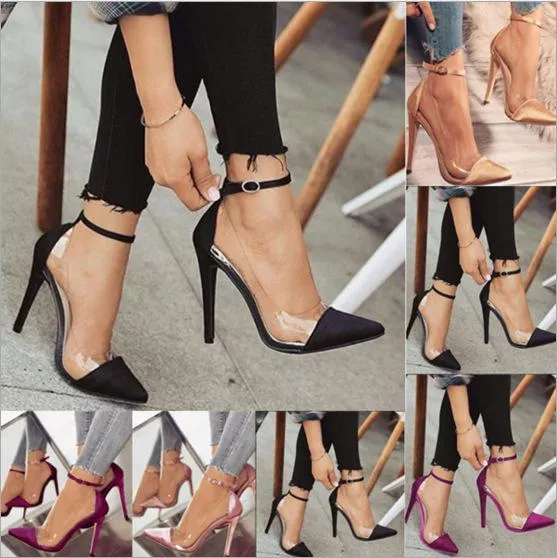 Women's clear patchwork ankle strap buckle stiletto high heels sandals